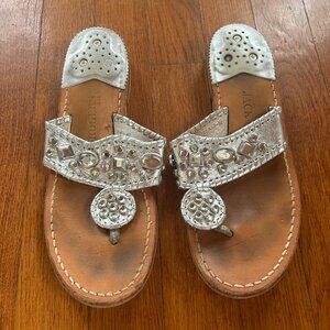 Jack Rogers Silver Jeweled Leather Flat Sandal Size 8